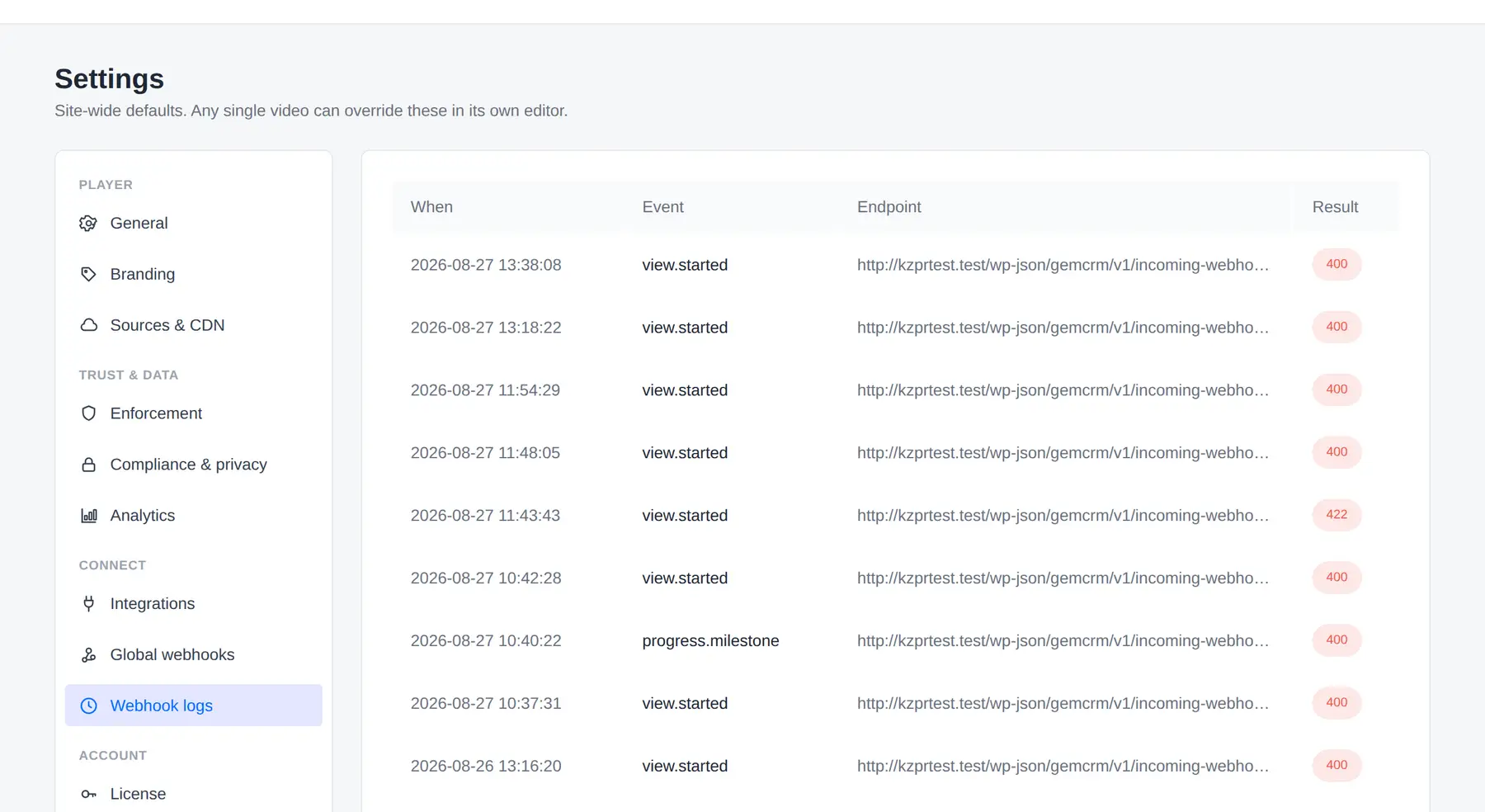 Webhook logs